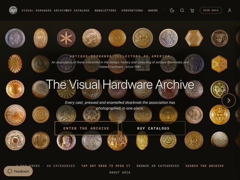 The ADCA homepage: a wall of photographed doorknobs with the headline The Visual Hardware Archive