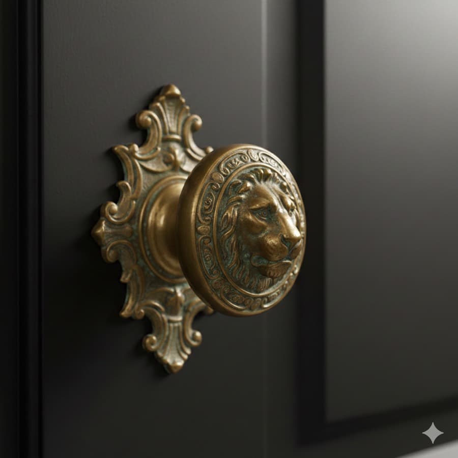 A brass lion-head doorknob on a dark door